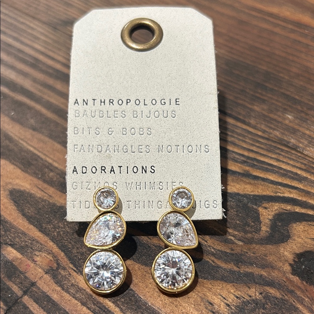 Anthropologie Gold-tone Triple Clear Crystal Drop Earrings - Picture 3 of 4
